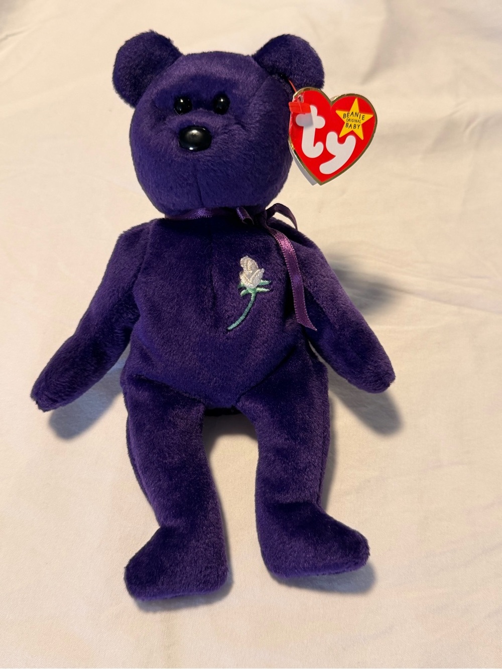 Princess Diana Ty Purple Plush Bear with Embroidered Rose and Satin Bow